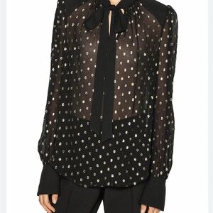 NWT by Cue Elegant Tie Black and Metallic Gold Sheer Women's Top Blouse Shirt
